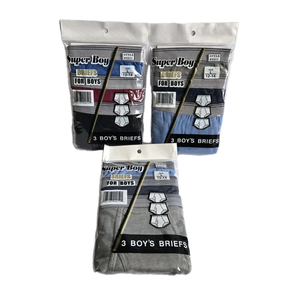 NEW Lot Of 3 3-packs Boys BRIEFS Size LARGE 12-14 Assorted Colors Super Boy